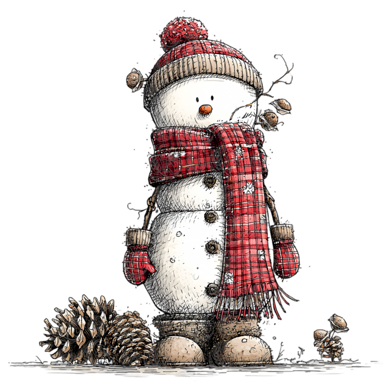 Christmas snowman wearing red plaid scarf and pompom hat surrounded by pine cones, Grey Barn Handwerk, Saskatchewan.